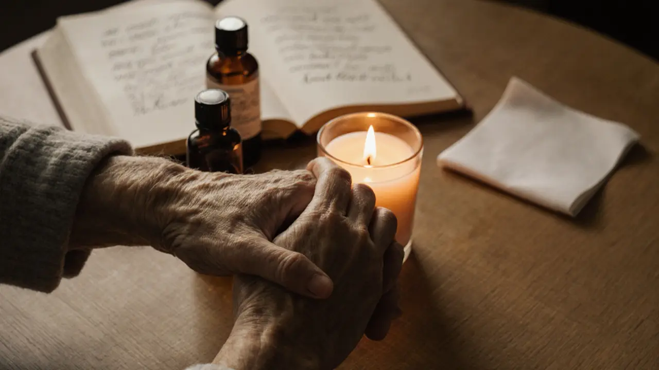 Interlaced hands with natural oils and a journal in soft candlelight, symbolizing quiet connection.