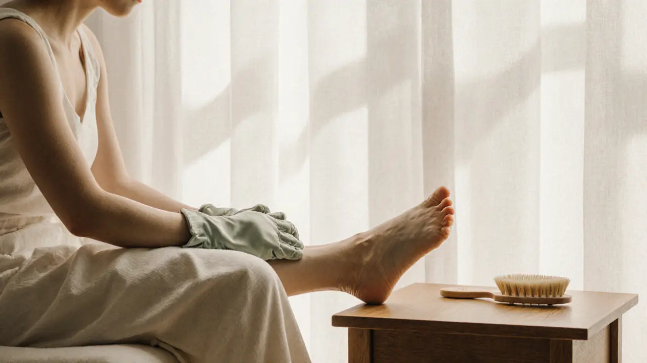Person sitting quietly with bare feet on a cushion, silk glove nearby, peaceful lighting.
