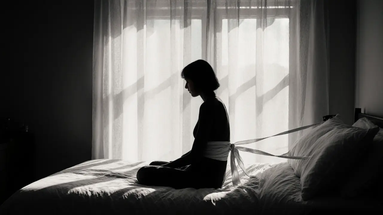 Silhouette of bound figure by window, light casting long shadows on wall