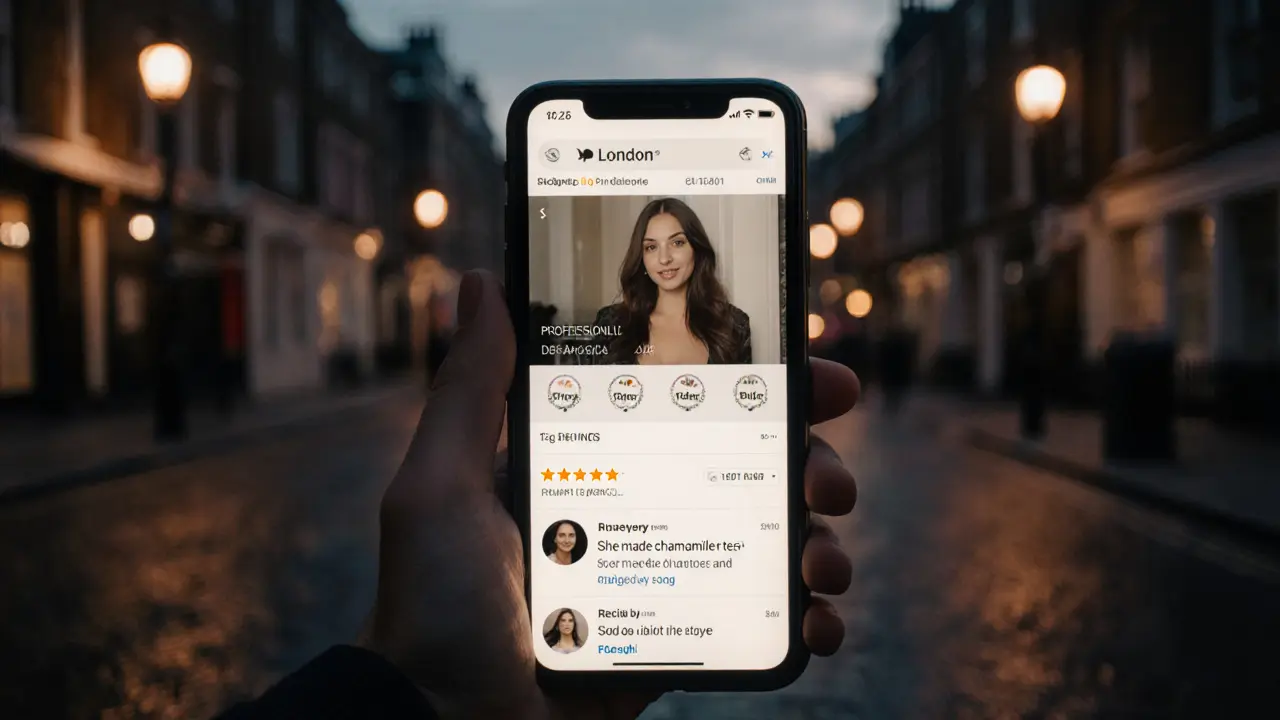 Smartphone screen displaying a professional escort profile with authentic client reviews.
