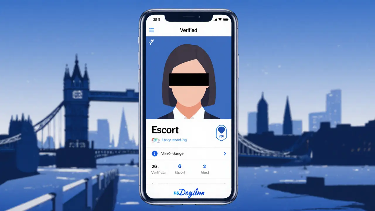 Smartphone showing a blurred professional escort profile with verified badge.