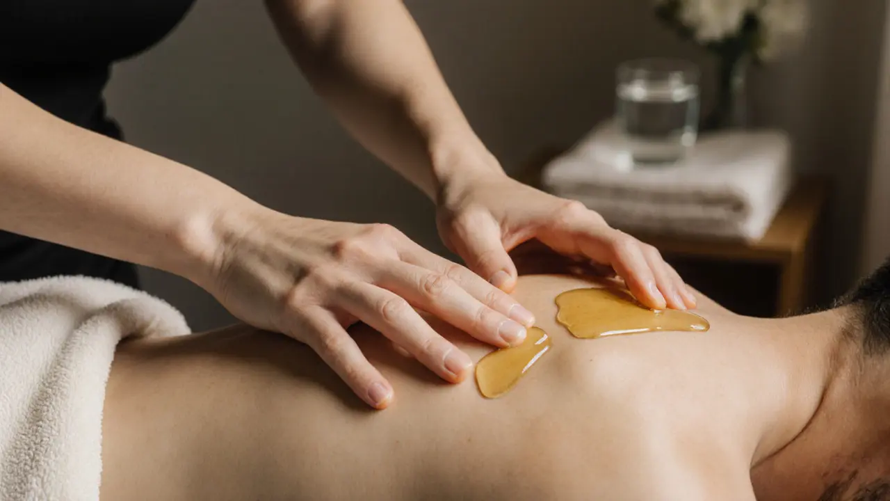 Therapist&#039;s hands applying oil to a client&#039;s shoulder with towels covering the body.