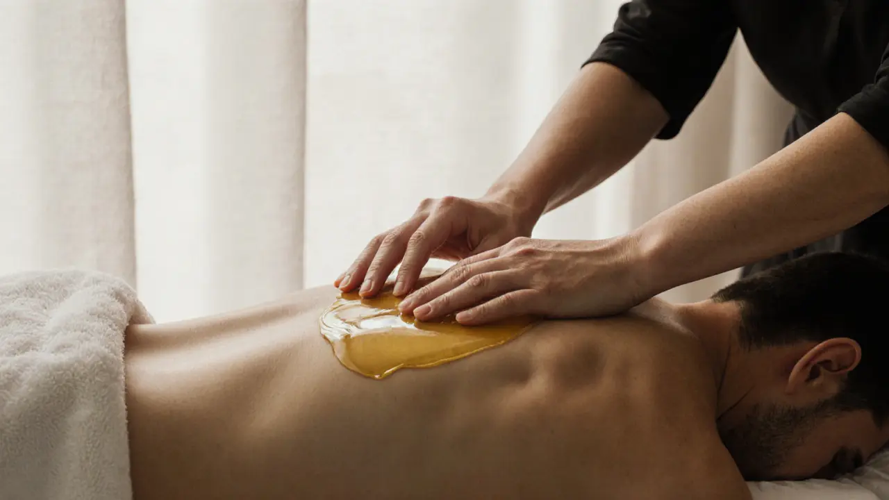 Therapist&#039;s hands applying oil to a person&#039;s back, with a towel covering the lower body.