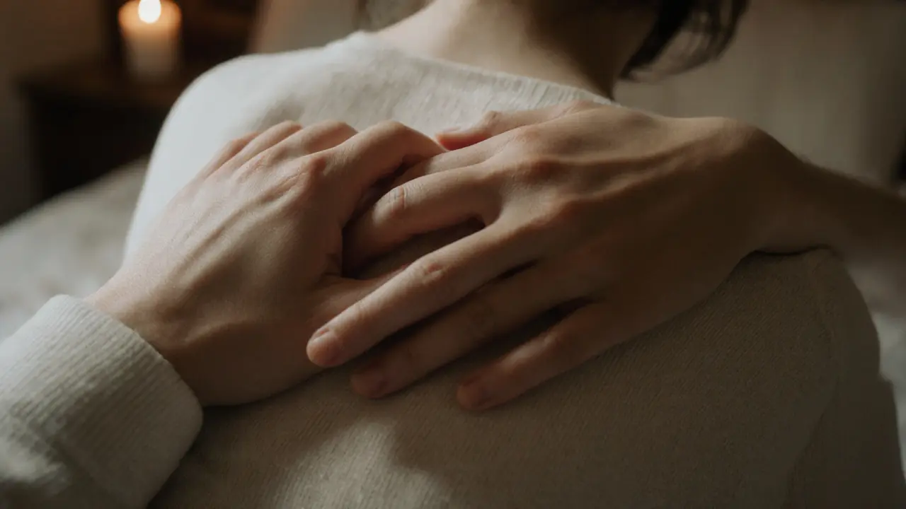 Two hands gently holding each other, one on a lower back, symbolizing trust and tenderness.