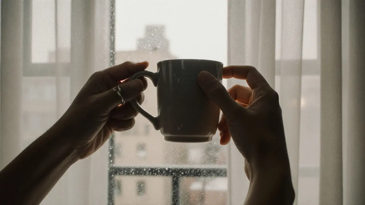 Two hands holding a warm mug, symbolizing quiet human connection.