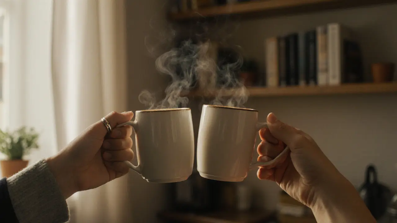 Two hands holding coffee mugs, one with a wedding ring, symbolizing quiet human connection.