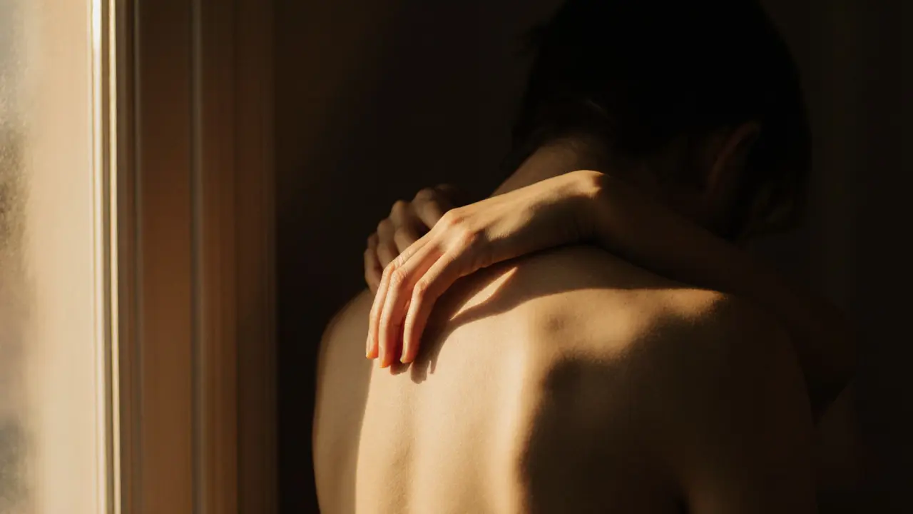 Two hands holding gently, one on the other’s back, symbolizing trust and connection.