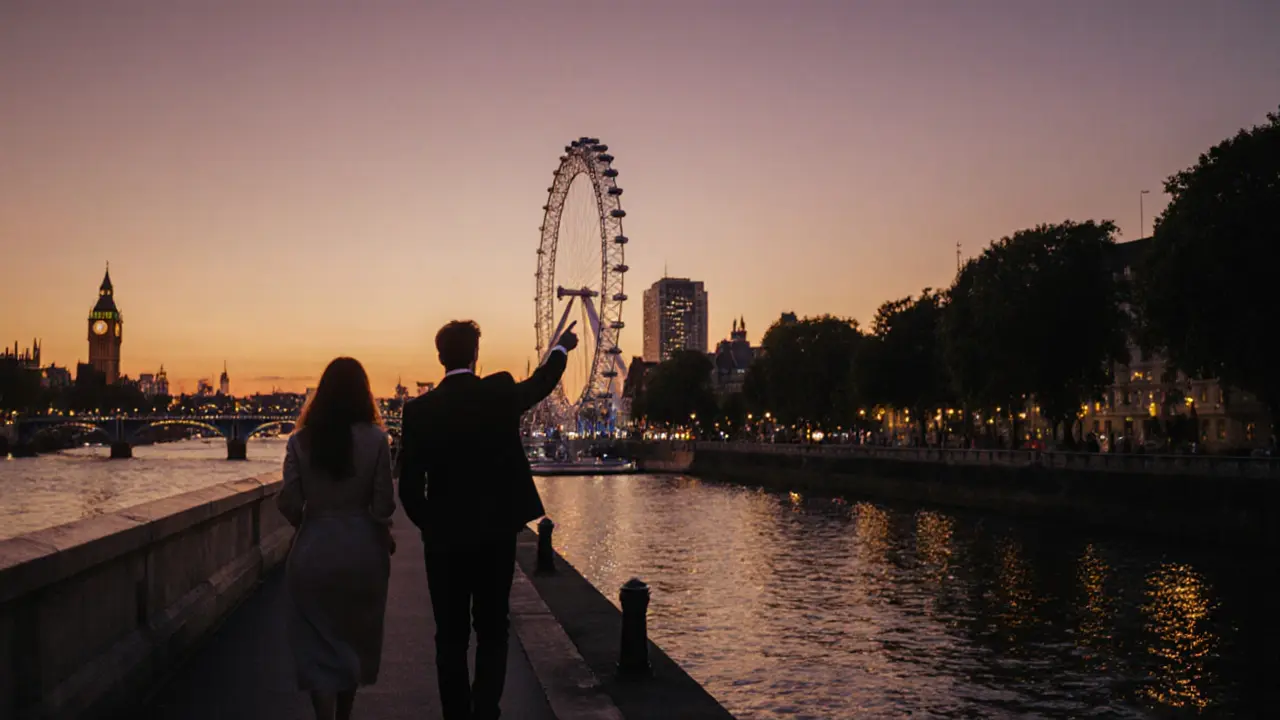 Two individuals walking along the Thames at sunset, enjoying a peaceful moment.