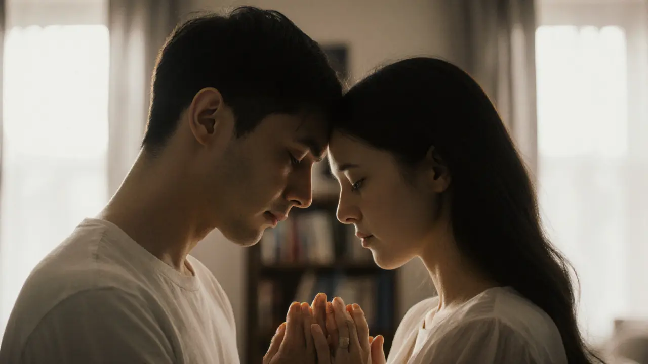 Two pairs of hands gently touching foreheads in peaceful stillness.