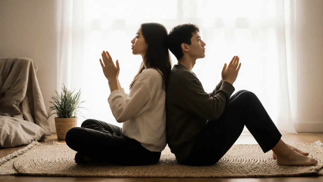 Two people sitting back-to-back, breathing slowly together in quiet connection.