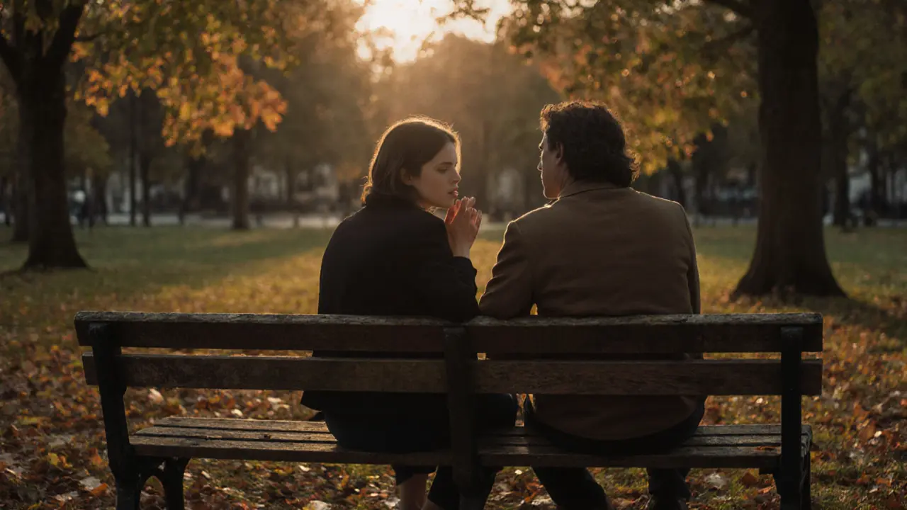 Two people sitting quietly on a park bench in London, one listening