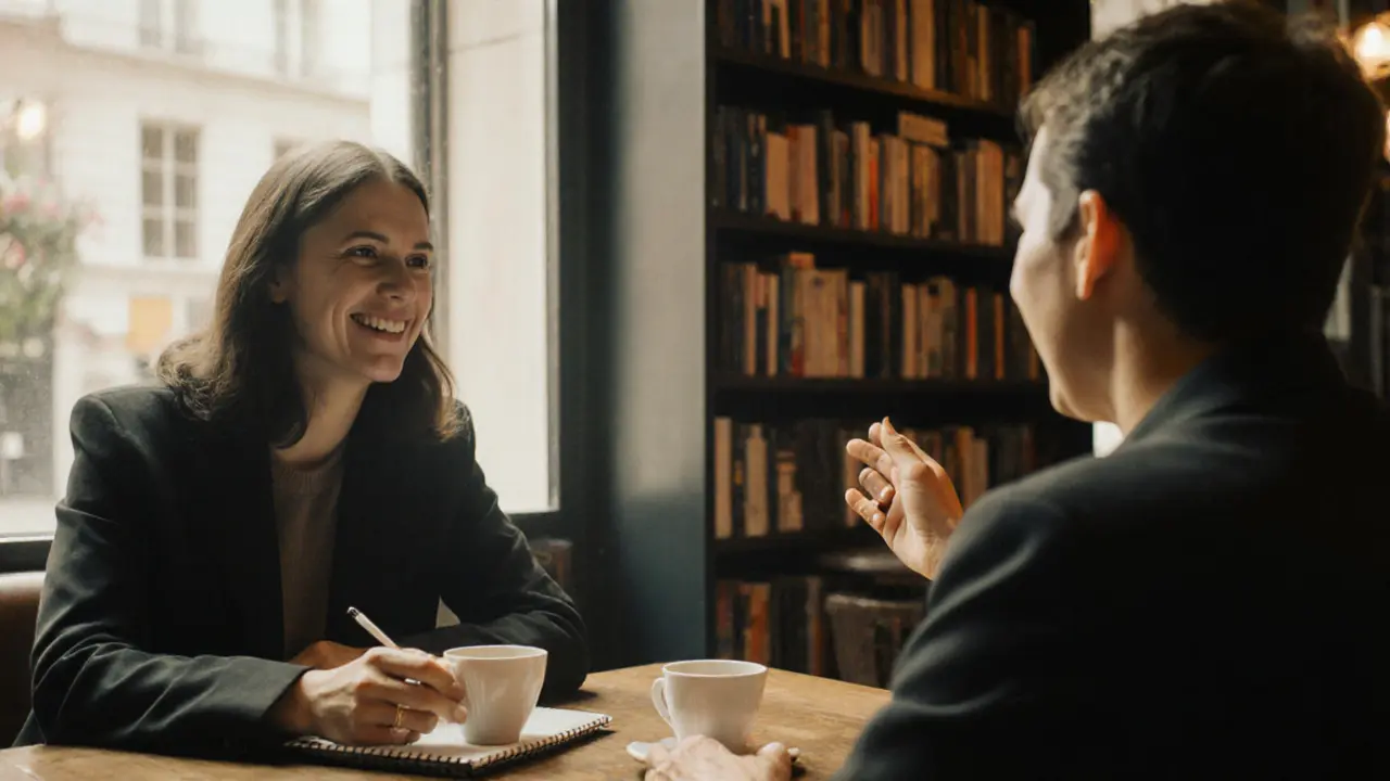 Two people talking over coffee in a London café, conveying connection and trust before an intimate experience.