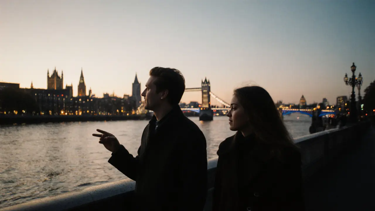 Two people walking along the Thames at sunset, one talking, the other listening peacefully.