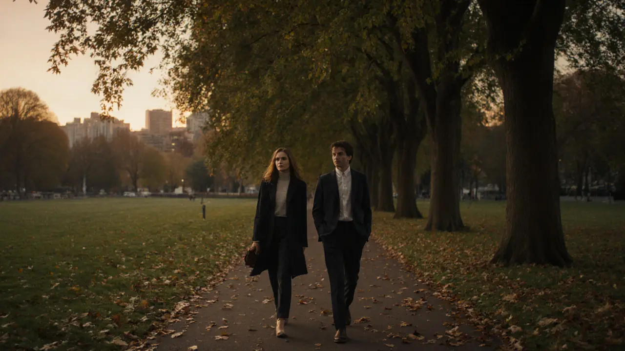 Two people walking calmly side by side in Hyde Park at dusk, dressed casually, no physical contact.
