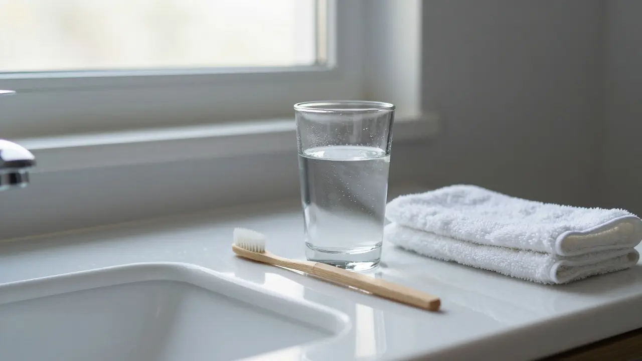 A bathroom counter with a glass of water and toothbrush, symbolizing post-intimacy care.