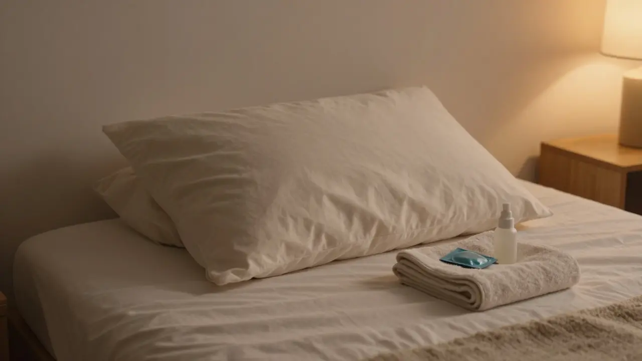 A calm bedroom with a pillow and personal care items neatly arranged on a towel.