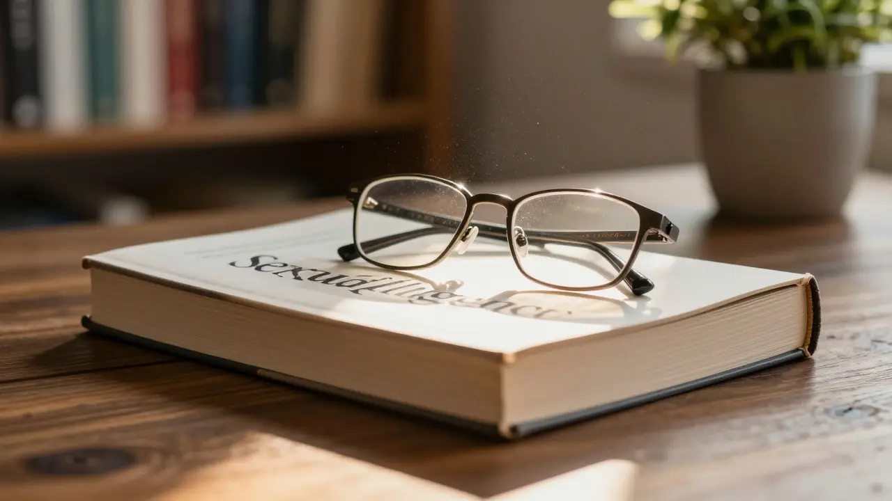 A closed book titled &#039;Sexual Intelligence&#039; with glasses resting on top, representing thoughtful learning.