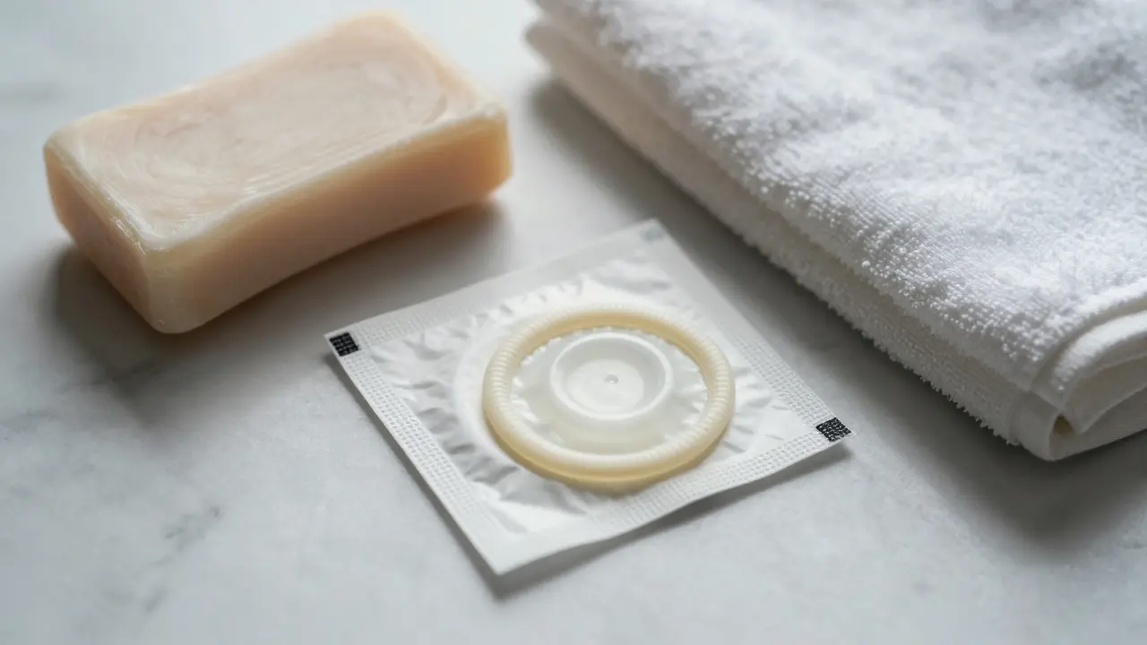 A dental dam, soap, and towel arranged neatly on a surface, symbolizing safe and thoughtful preparation for intimacy.