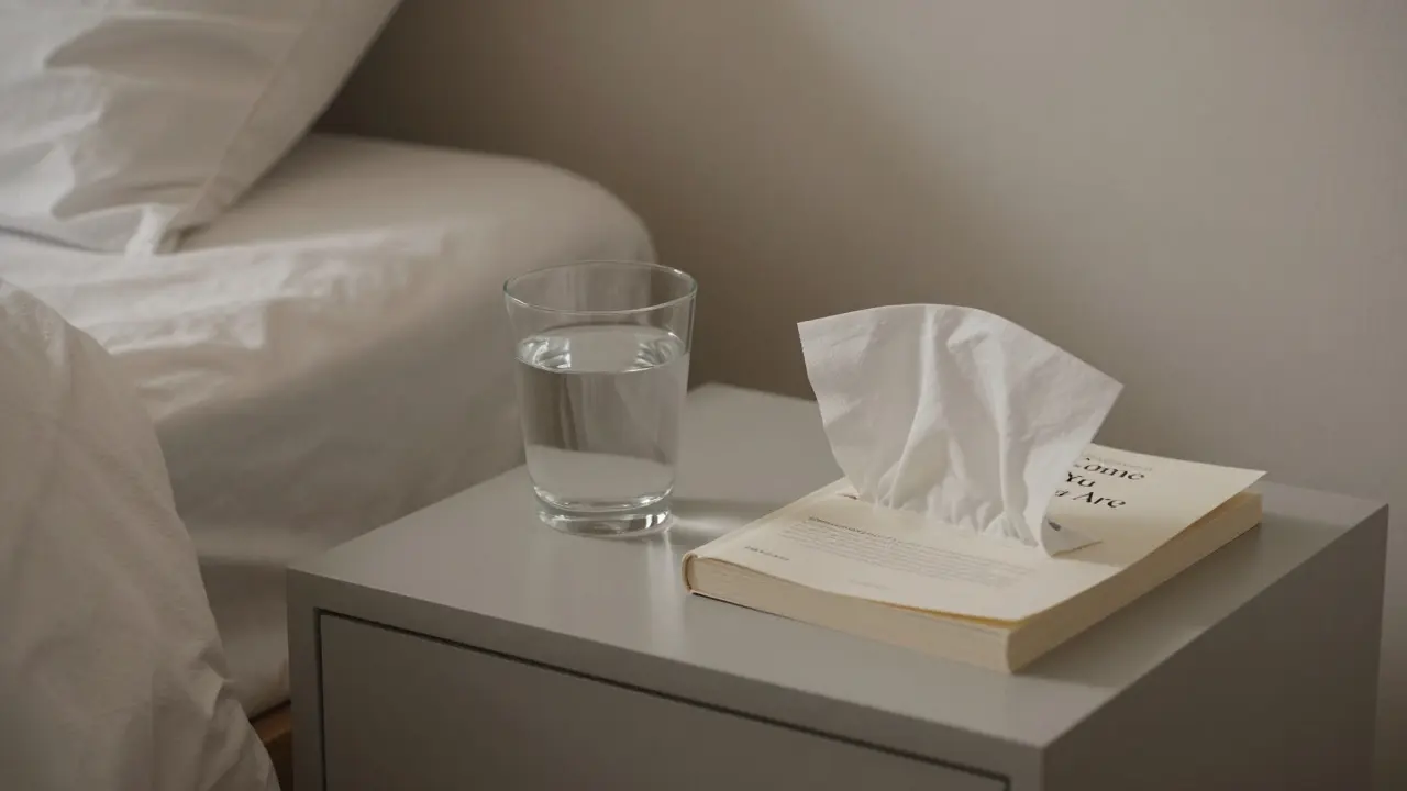 A glass of water and tissue beside a book on a bedside table, symbolizing aftercare and self-awareness.