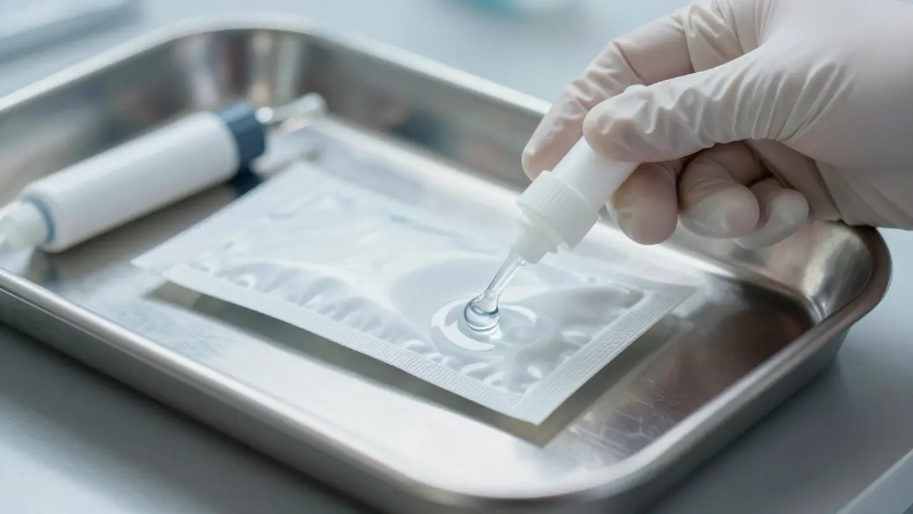 A gloved hand preparing sterile lubricant from a sealed packet on a clean medical tray.
