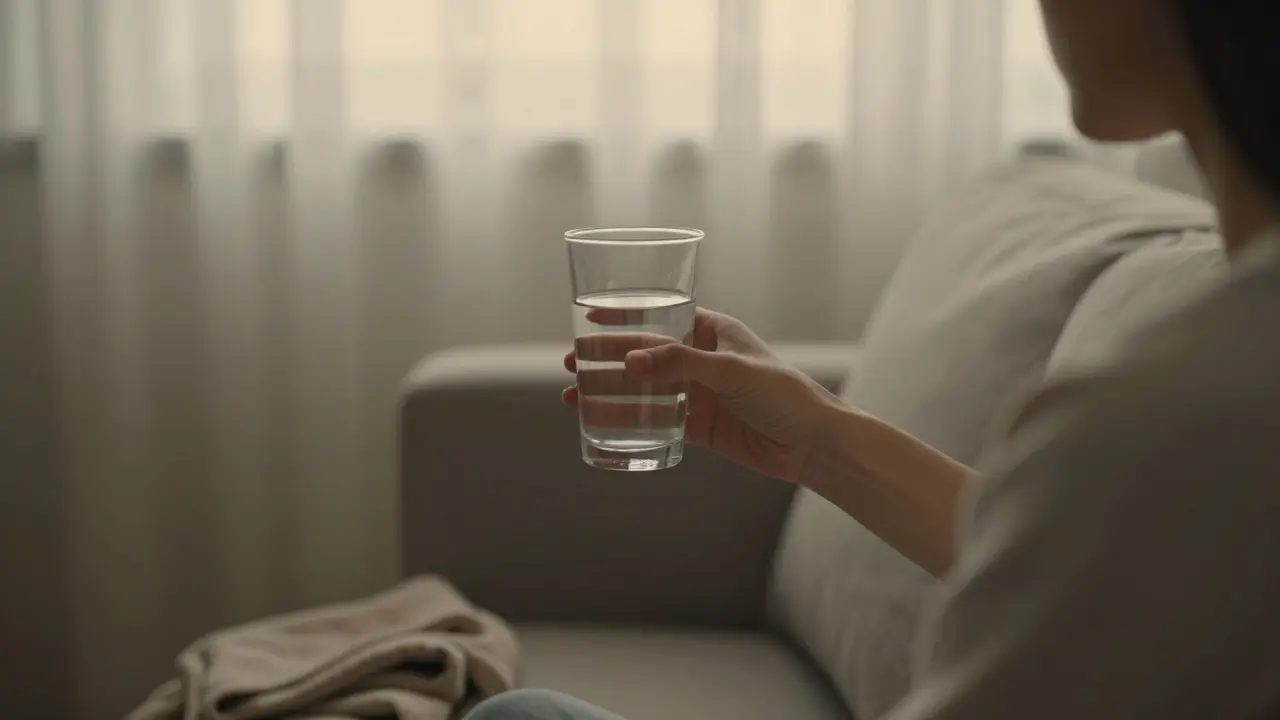 A hand offering water to someone on a couch, warm lighting, blanket nearby, quiet moment of care.