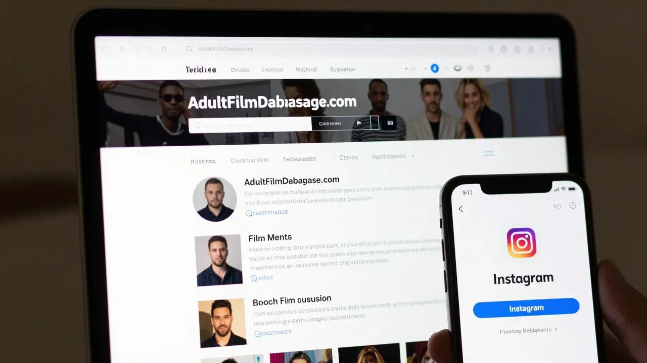 A laptop and phone showing verified adult film credits and matching social media profiles for identity confirmation.