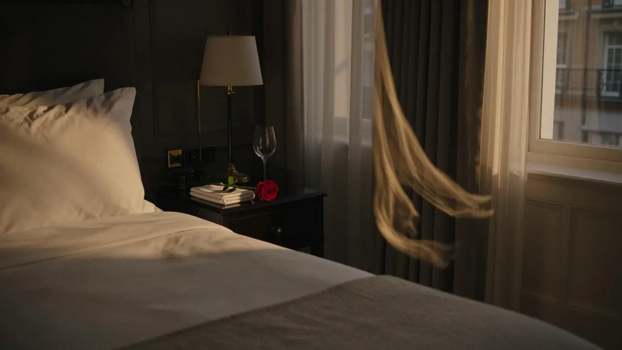 A luxurious hotel room with a rose on the nightstand and warm lamplight in Central London.