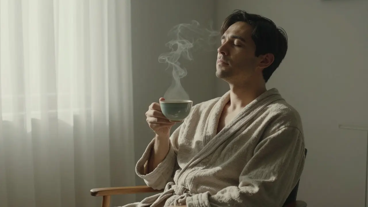 A man in a robe sitting calmly with tea, eyes closed, radiating peace after a prostate massage session.