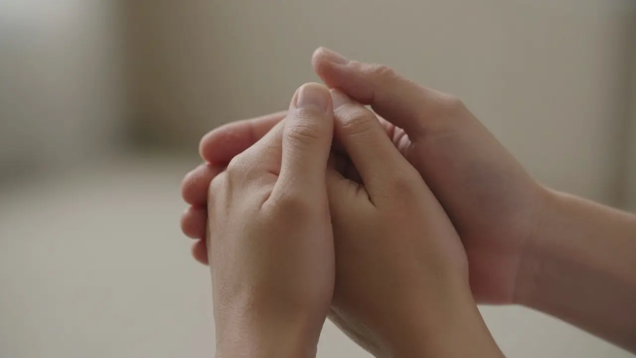 A pair of hands holding each other, one clean, one with subtle residue, symbolizing care after intimacy.