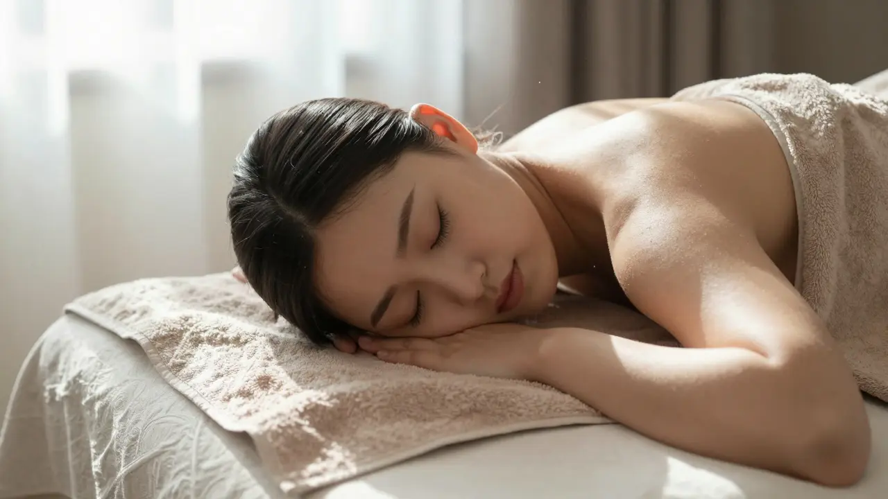 A person lying peacefully on a massage table, covered in a towel, eyes closed in deep calm.