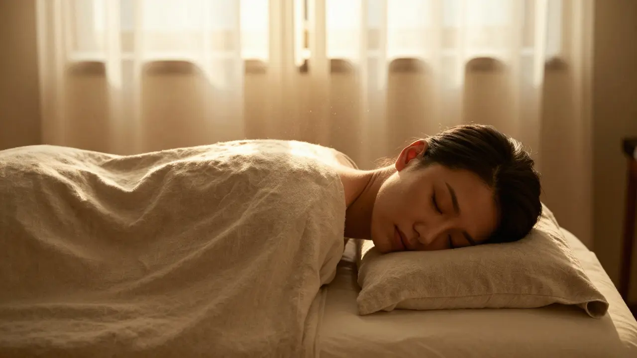 A person lying peacefully on a massage table, covered with a sheet, eyes closed.
