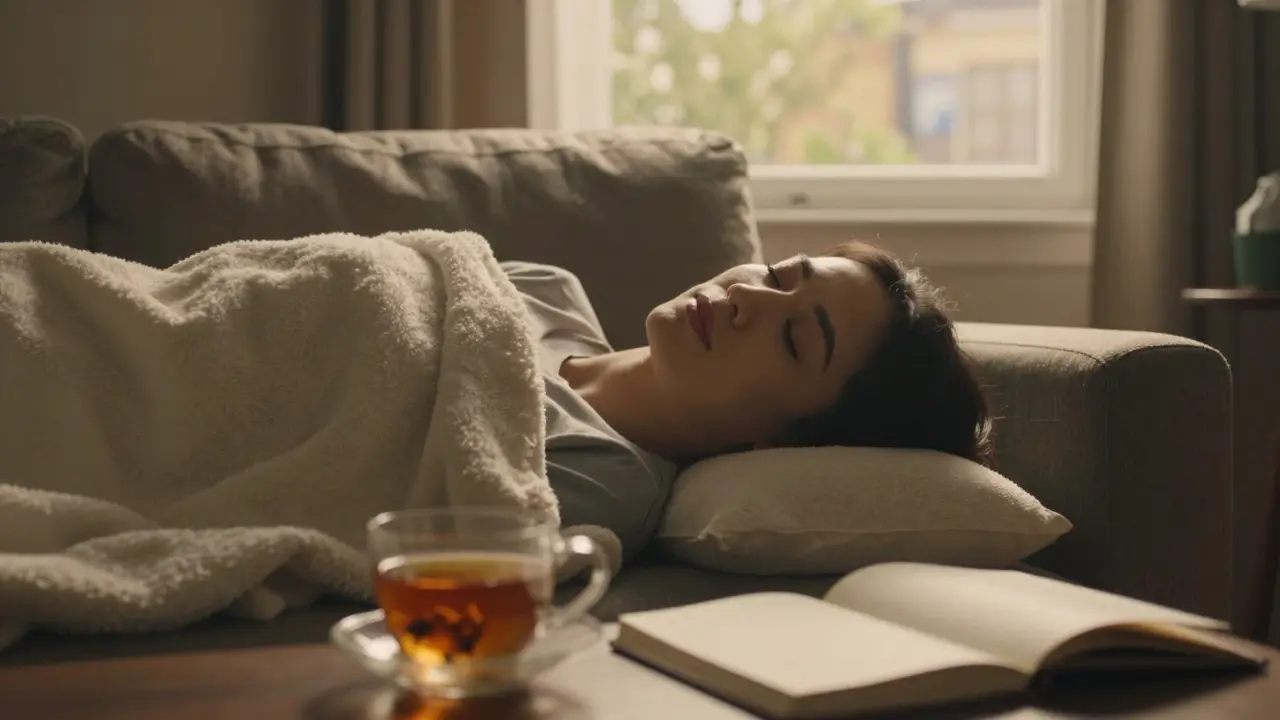 A person resting peacefully under a blanket after a massage, smiling faintly in soft light.