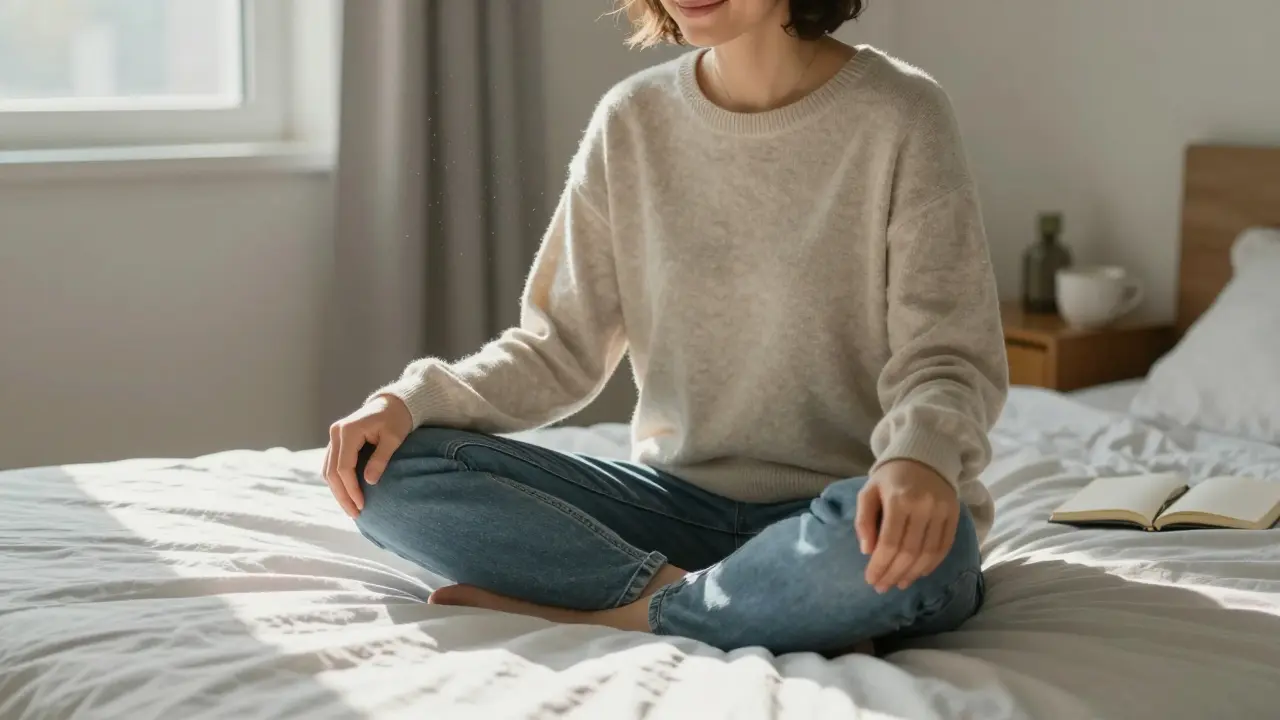 A person sitting calmly on a bed in casual clothes, smiling peacefully in natural light.