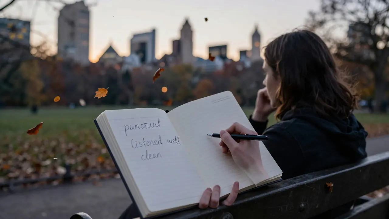 A person sitting on a park bench in Hyde Park at dusk, writing in a notebook.