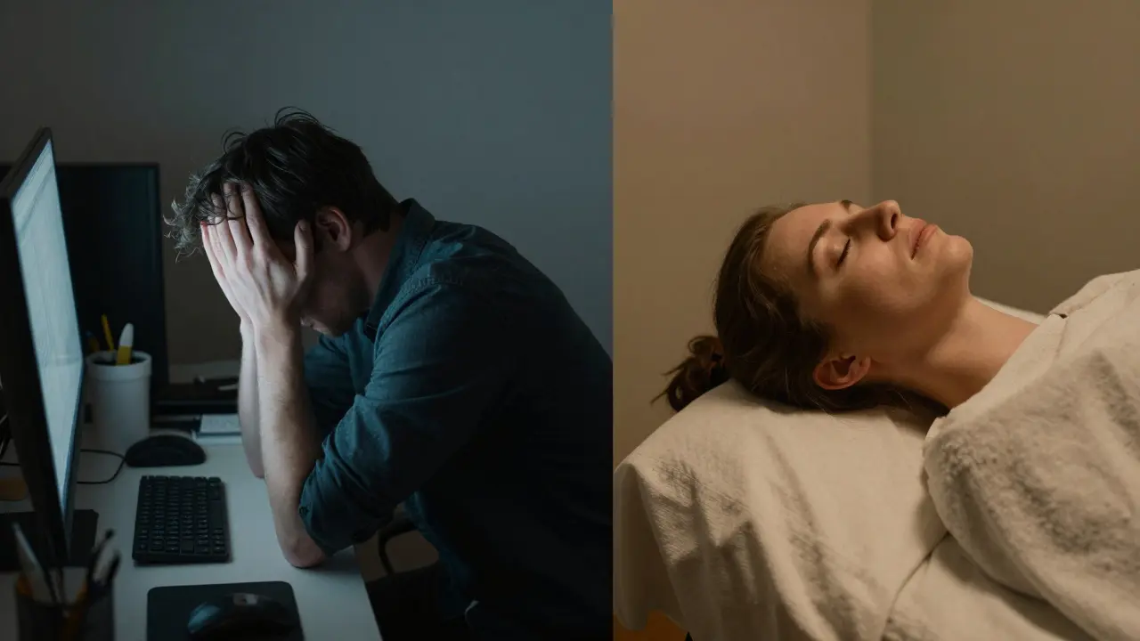 A person transitioning from stress at a desk to peace during a massage session.