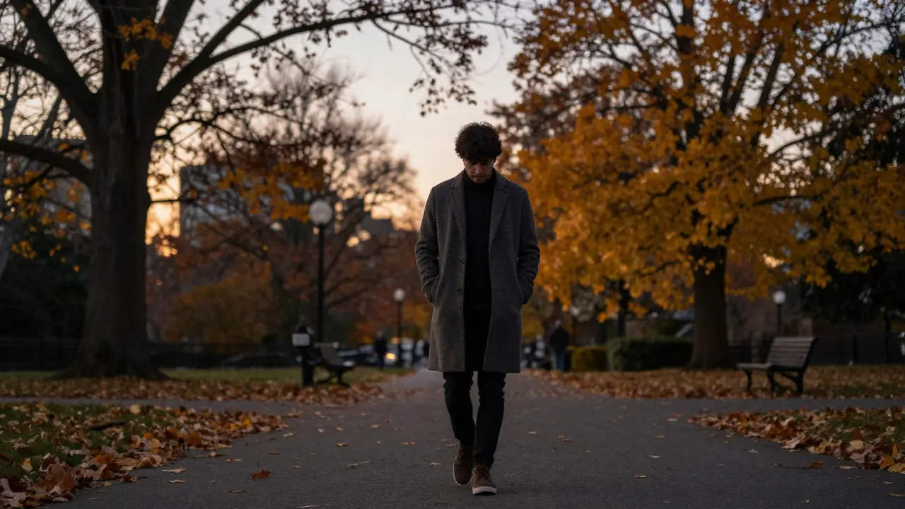 A person walking alone in Victoria Park at dusk, calm and reflective under soft twilight lighting.