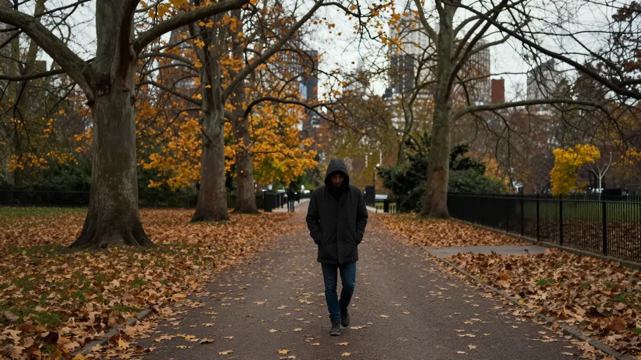 A person walking alone through autumn leaves in Hyde Park, London, in peaceful contemplation.