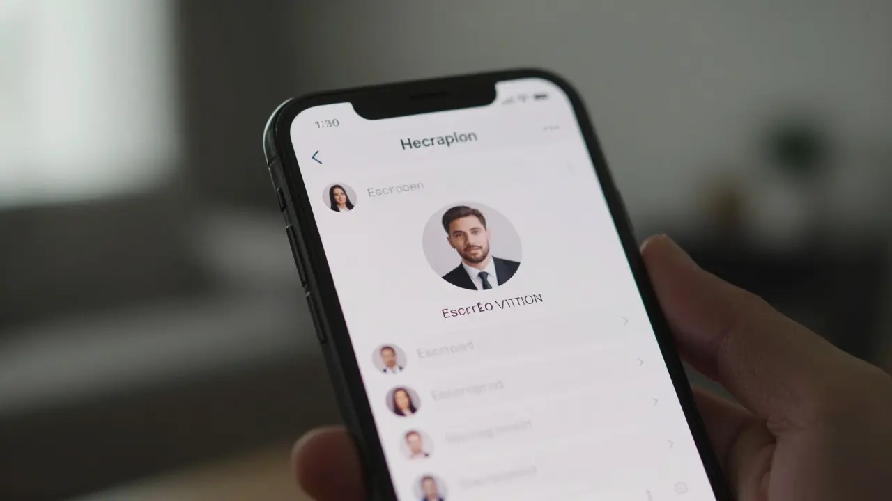 A smartphone screen showing a secure messaging app with a professional escort profile.
