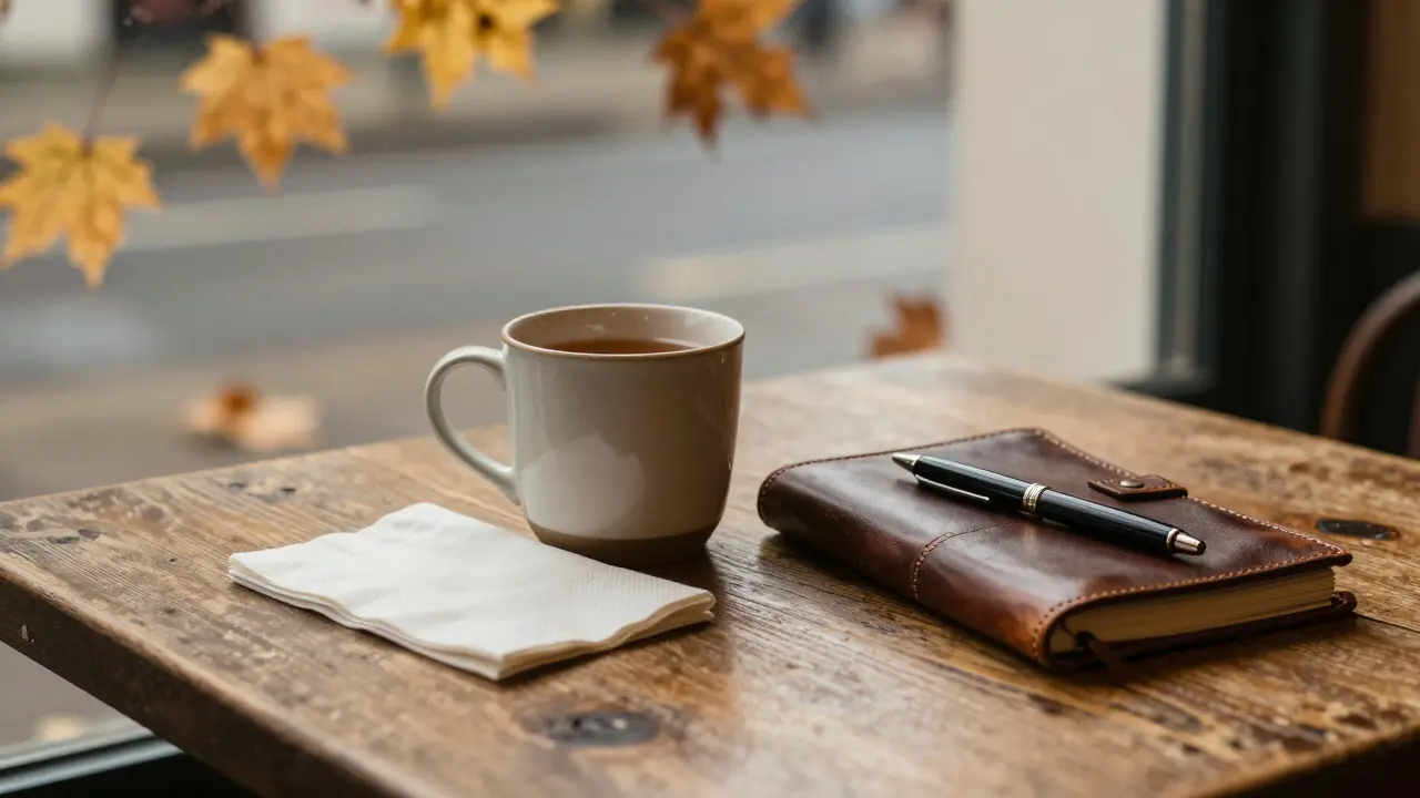 A warm mug of tea and an open journal on a wooden table in a quiet London café.