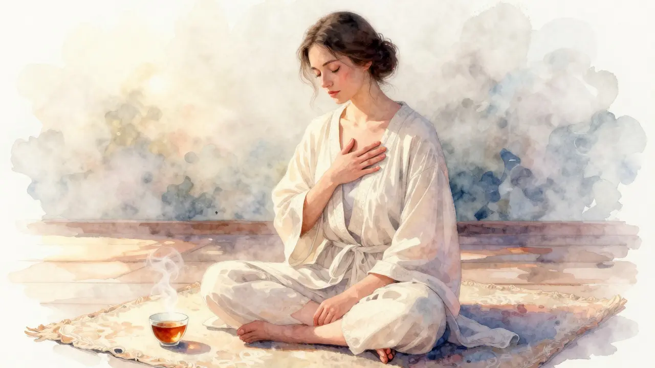 A woman sitting calmly on a rug, hand over her heart, bathed in soft morning light.