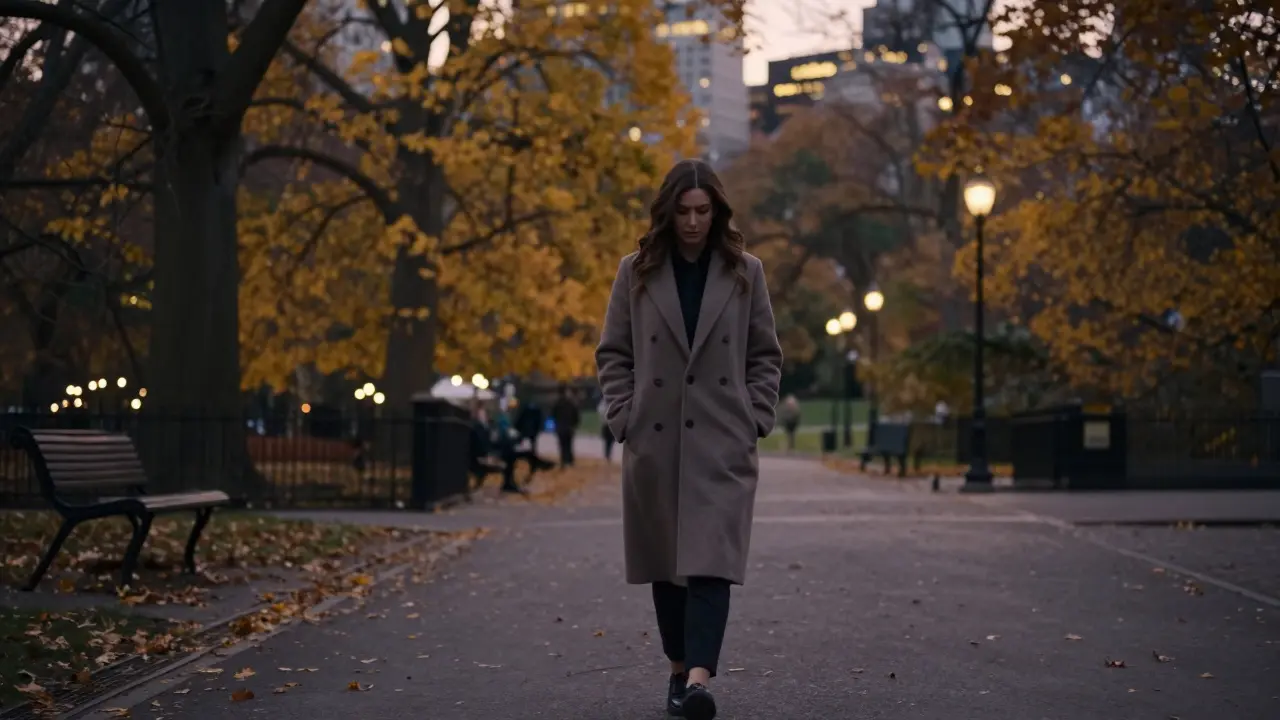 A woman walking alone in Hyde Park at dusk, calm and reflective.