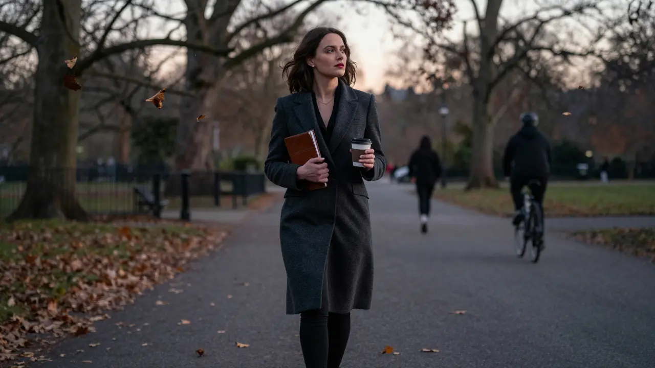 A woman walking alone through Hyde Park at dusk, holding a notebook.