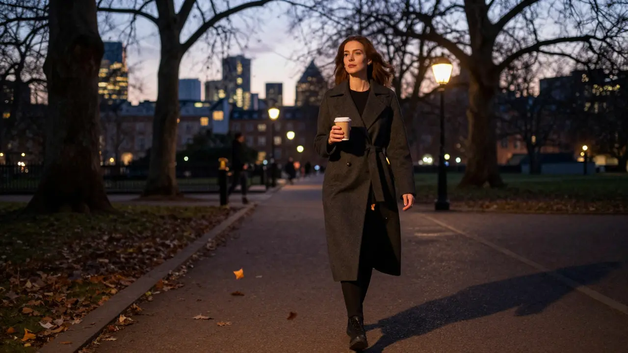 A woman walking alone through St. James’s Park at dusk, holding a coffee cup.