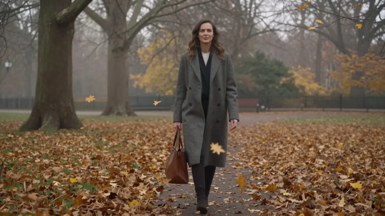 A woman walking calmly through Hyde Park in autumn, leaves falling around her.