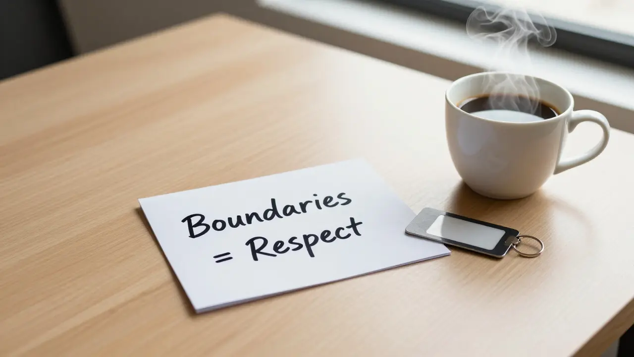 A wooden desk with a coffee cup and a handwritten note saying 'Boundaries = Respect' in soft natural light.