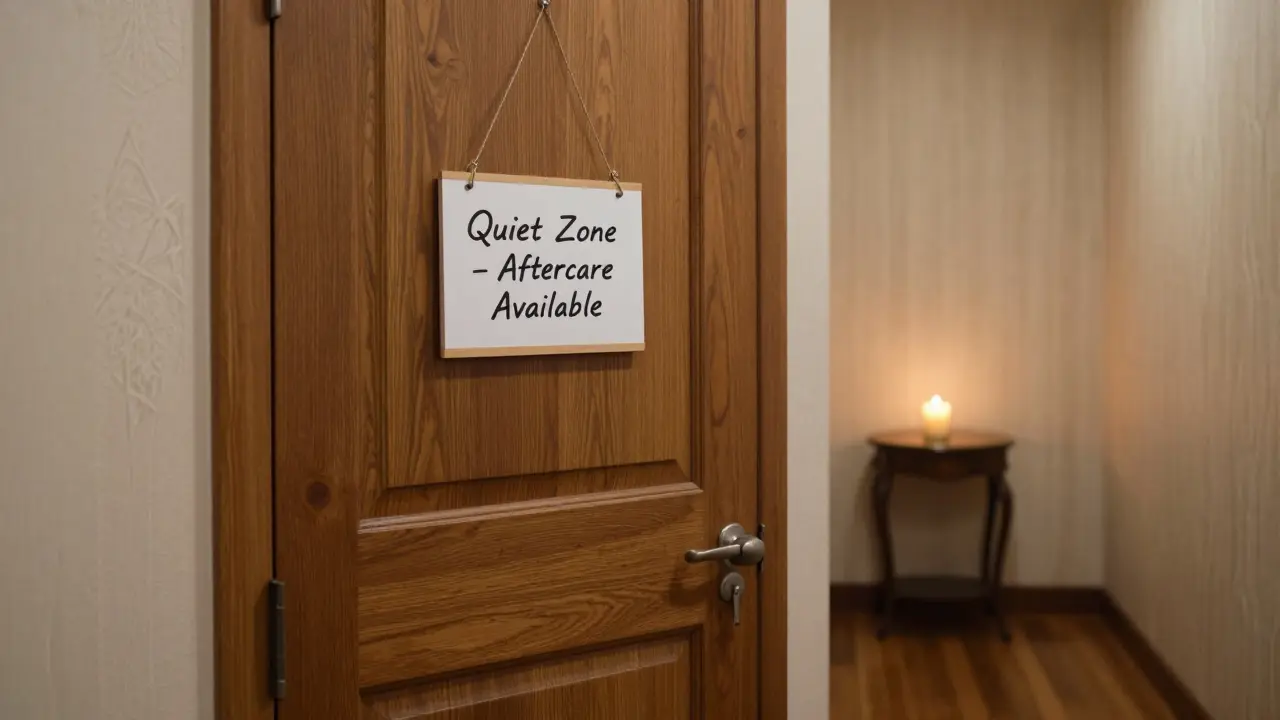 Closed door with &#039;Quiet Zone - Aftercare Available&#039; sign, candle glowing softly in dim hallway.