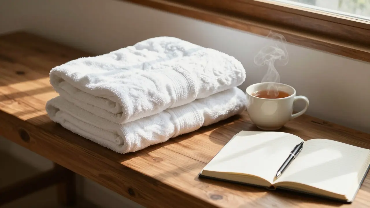 Folded robe and towels on a wooden bench with a cup of tea and open journal nearby.
