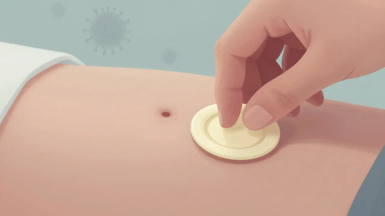 Hand gently placing a dental dam with abstract, non-explicit styling.