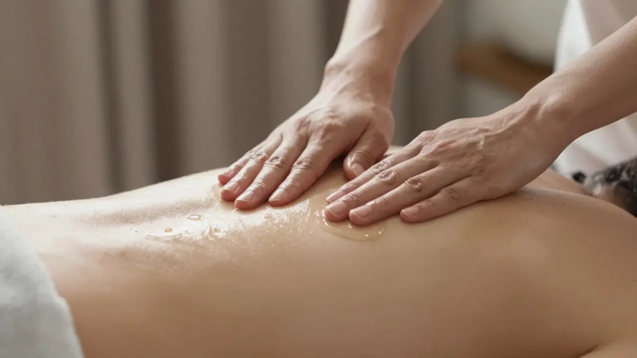 Hands applying oil in slow strokes to a back, focus on texture and movement.