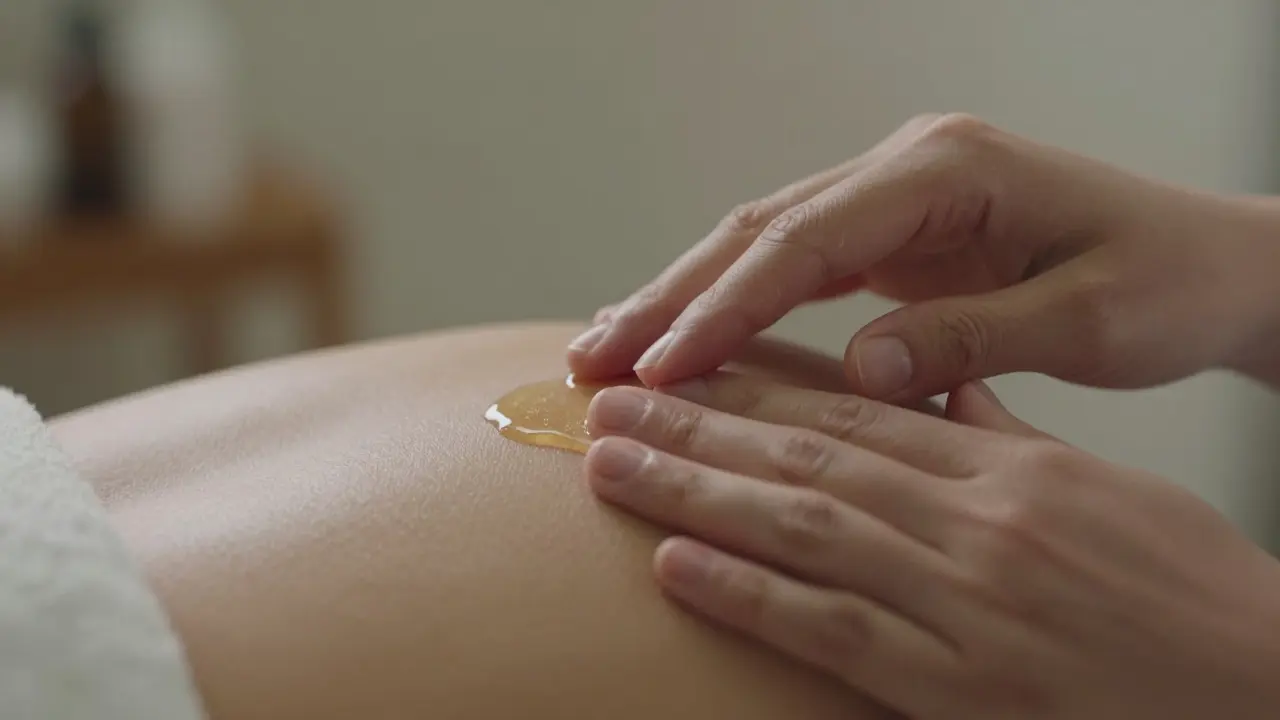 Hands applying oil to a shoulder with gentle, therapeutic motion under warm lighting.
